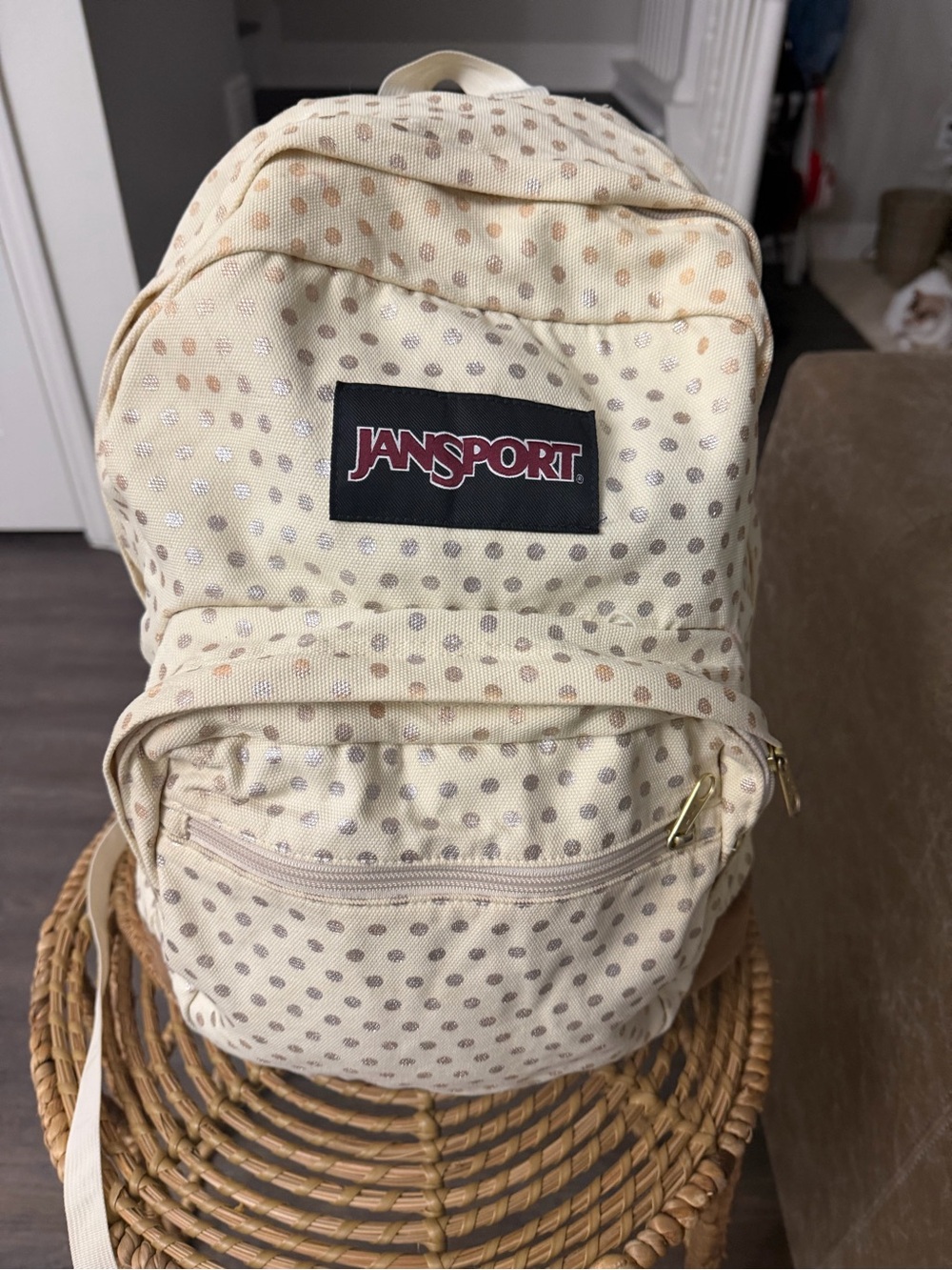 Jansport Cream Polka Dot Backpack with Subtle Metallic Dots